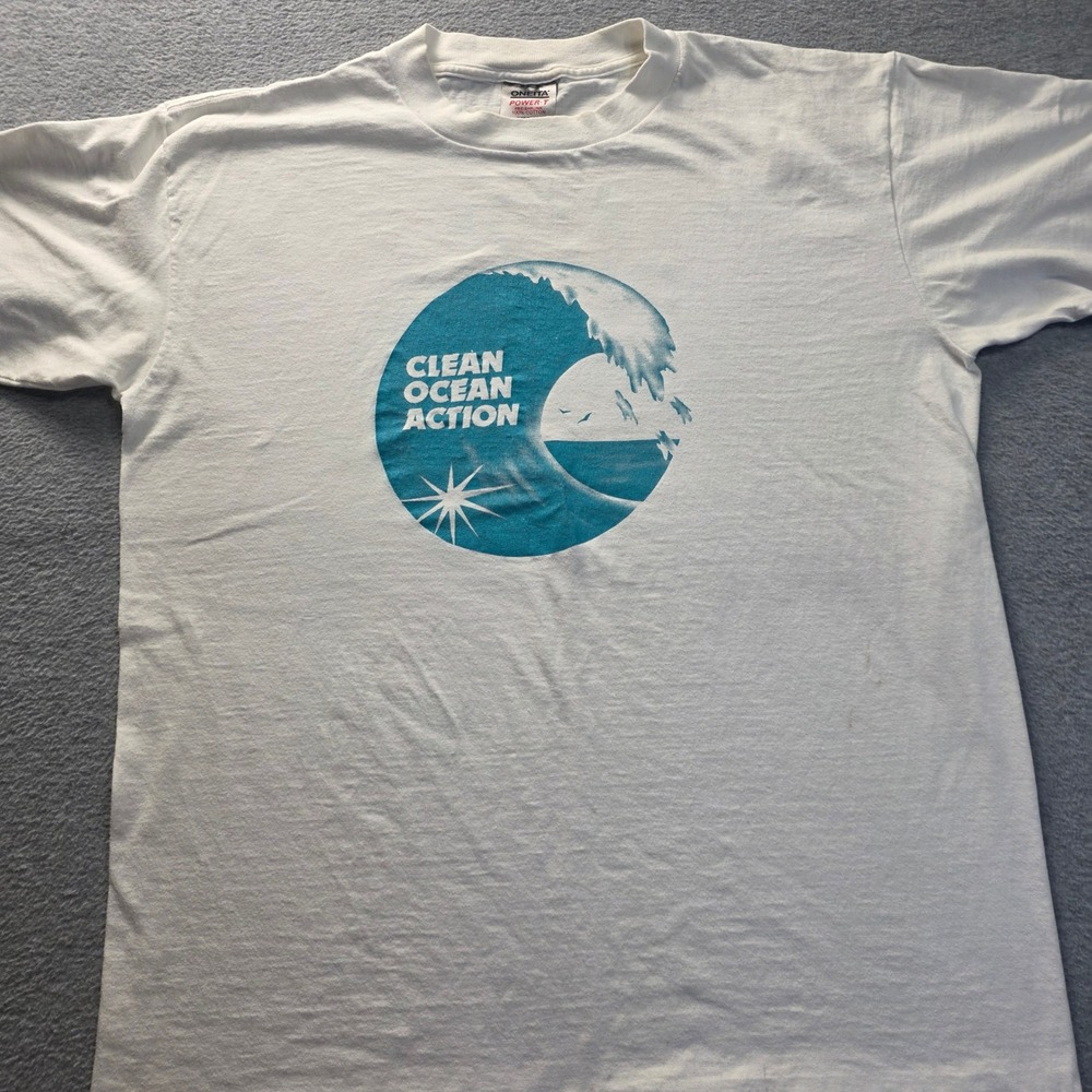 Vintage Ocean Action T-Shirt Oneita‎ Power XL White USA Made Single Stitch